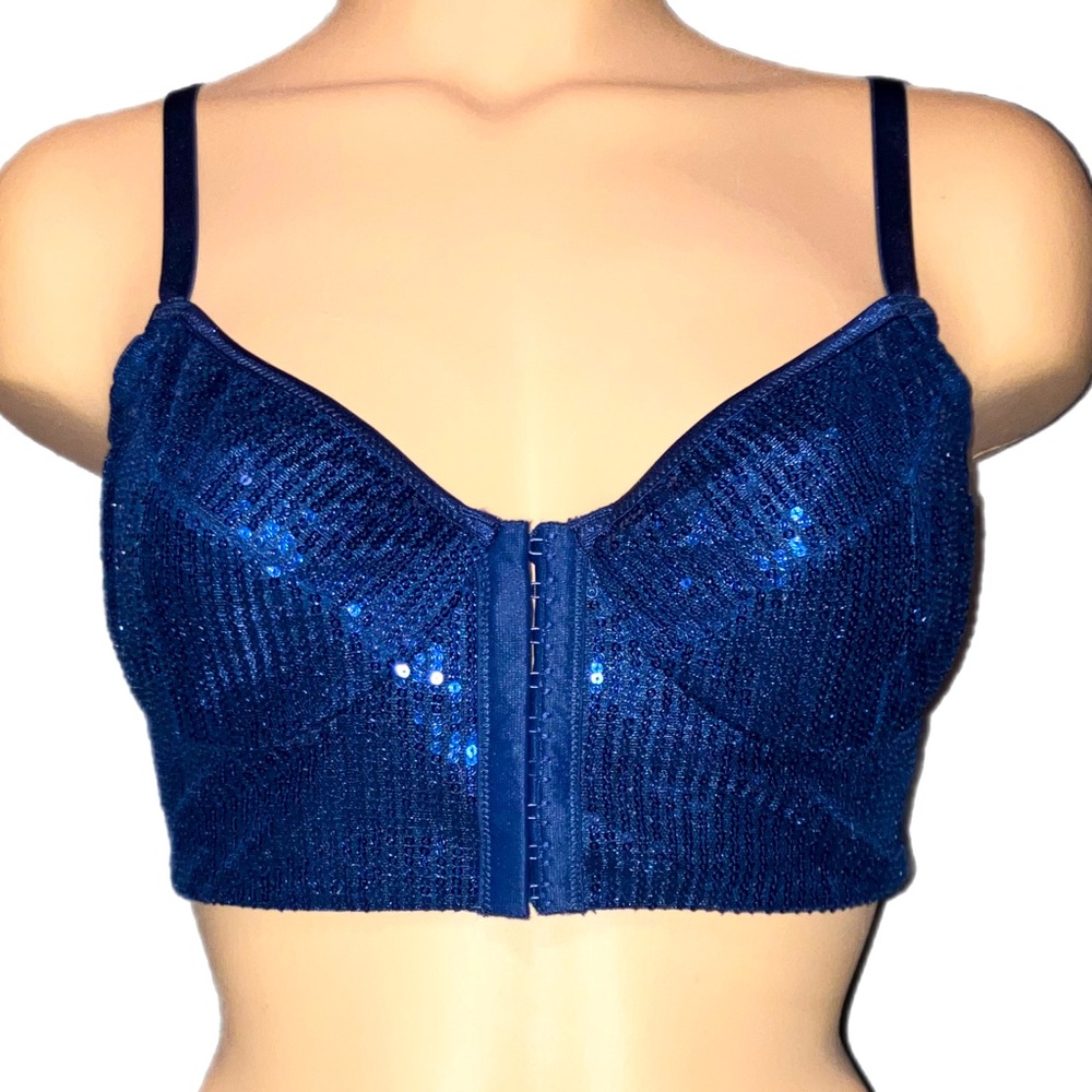Moda International Sequin Mesh Blue Bustier Bra Top Size US 8 Victoria's Secret